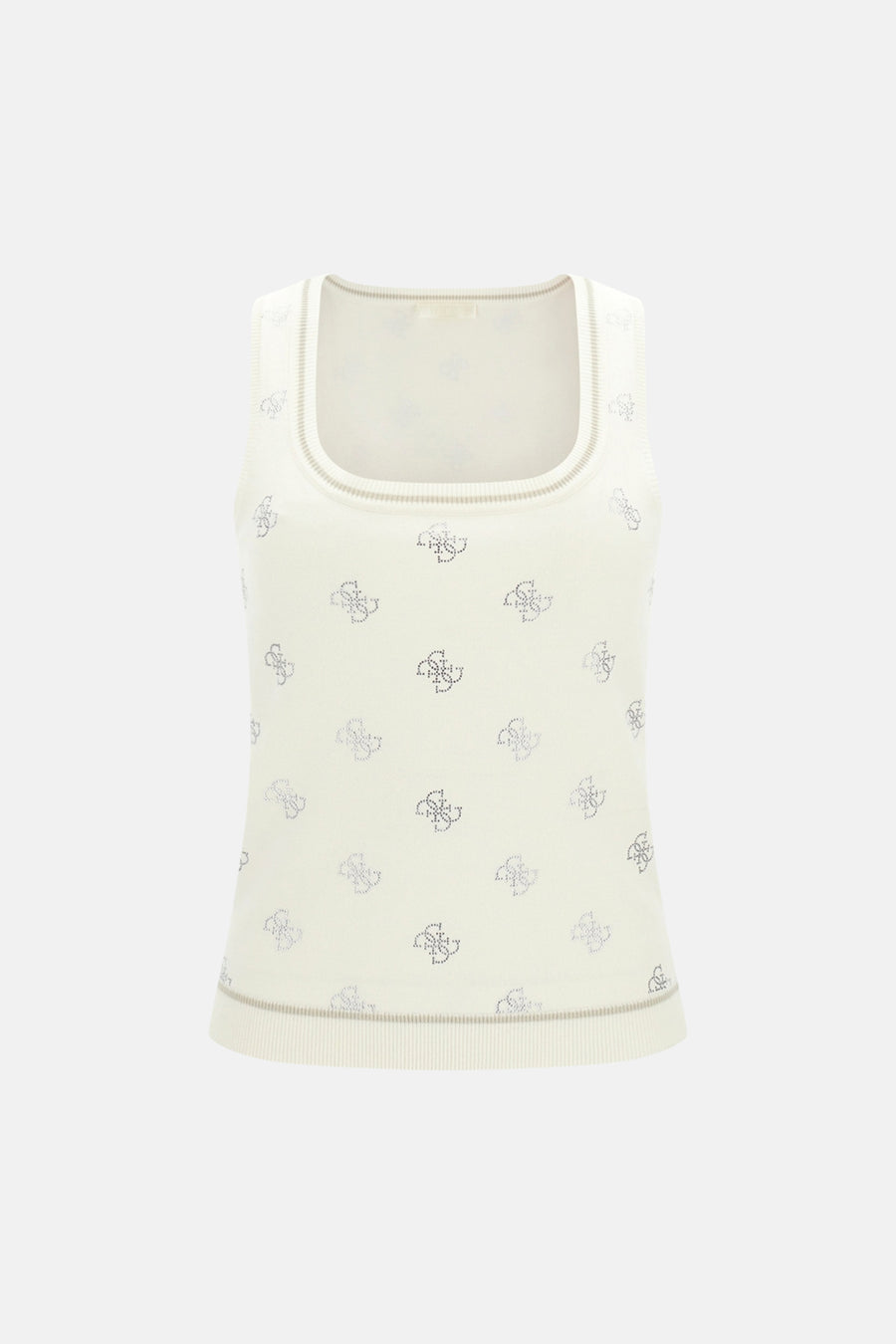 Ecru tanktop van Guess met een glitterend monogrampatroon en geribde randen.