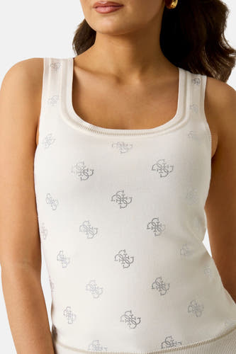 Ecru singlet van Guess® met vierkante halslijn en herhalend strass logo patroon.