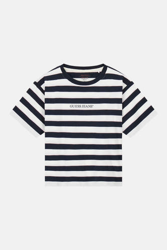 Blauw gestreept T-shirt (korte mouwen) van Guess®, met een ronde hals en het merklogo op de borst.