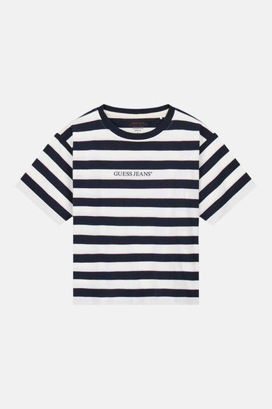 Blauw gestreept T-shirt (korte mouwen) van Guess®, met een ronde hals en het merklogo op de borst.