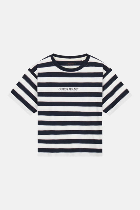 Blauw gestreept T-shirt (korte mouwen) van Guess®, met een ronde hals en het merklogo op de borst.