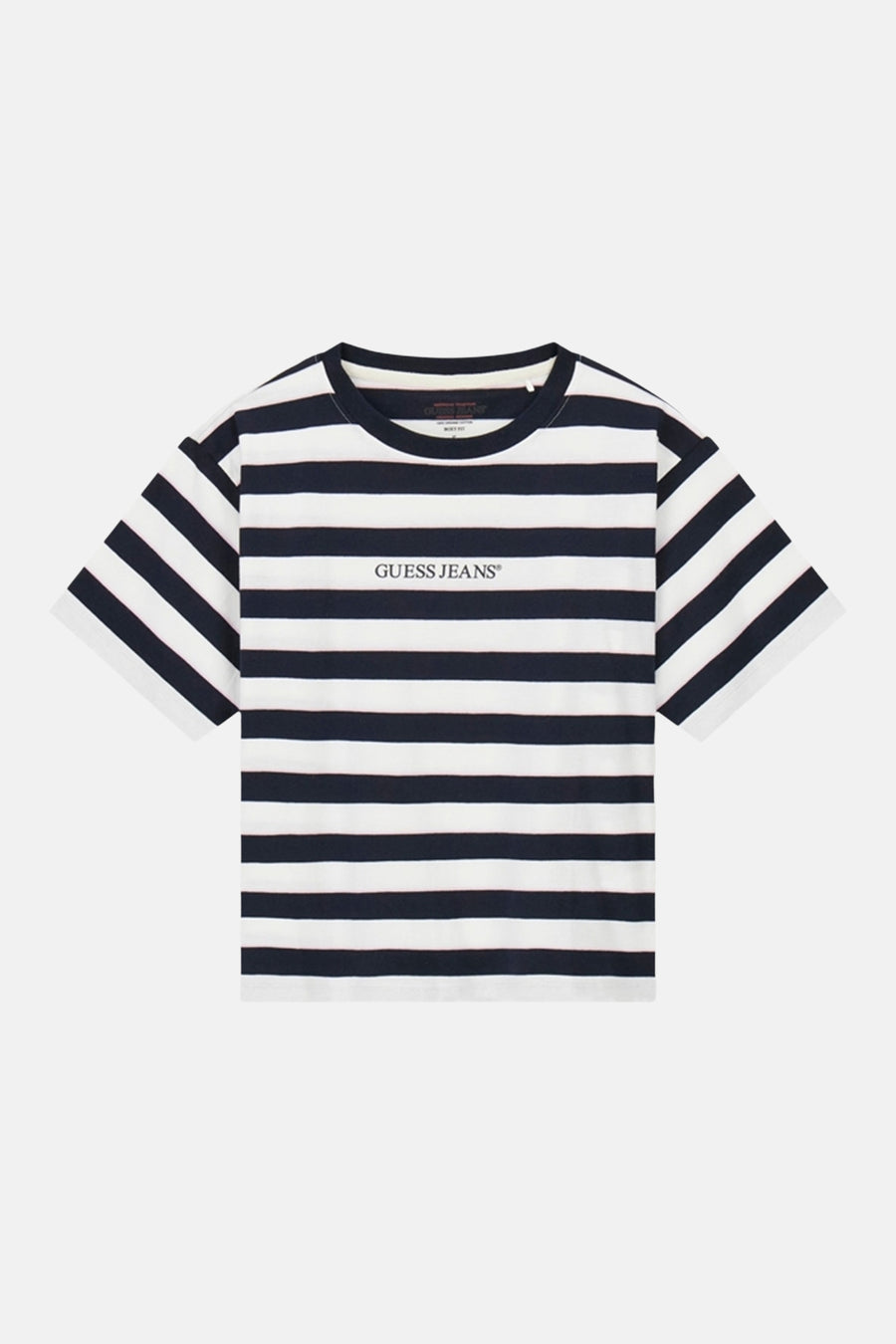 Blauw gestreept T-shirt (korte mouwen) van Guess®, met een ronde hals en het merklogo op de borst.