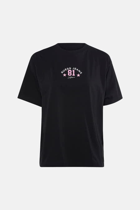 Zwart T-shirt met korte mouwen van Guess, met roze logo en opschrift.