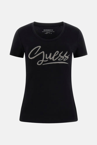 Zwart T-shirt met korte mouwen van Guess met zilverkleurige letters en strass steentjes.
