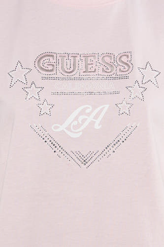 T-shirt Guess rose à manches courtes, avec paillettes, étoiles et imprimé 'LA'.