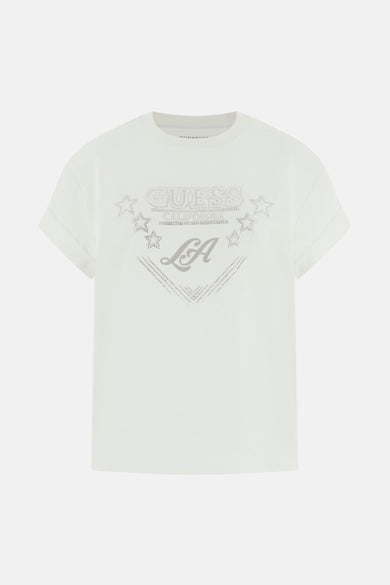 Wit T-shirt met korte mouwen van Guess, met zilverkleurige sterren en "LA" print.
