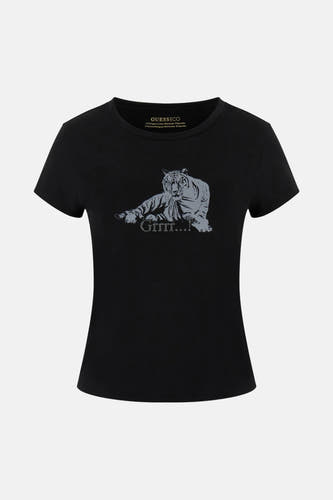 T-shirt noir à manches courtes de Guess® avec imprimé tigre et le texte "Grrrr...!" sur l'avant.