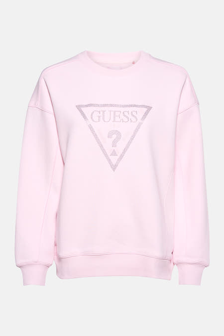 Roze sweater van Guess, met een strass-logo in de vorm van een driehoek op de voorkant.