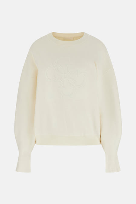 Ecru trui met ronde hals van Guess, met ton-sur-ton logo details.

