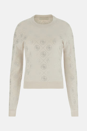T-shirt écru avec col rond de Guess, doté d'un motif de logos et de détails structuraux.