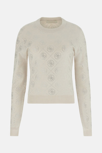 T-shirt écru avec col rond de Guess, doté d'un motif de logos et de détails structuraux.