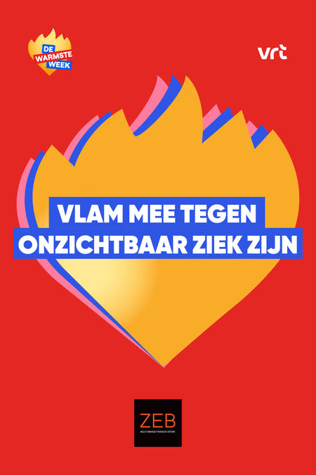 Campagnebeeld van het goede doel 'Steun de Warmste Week' van ZEB, met vlammen en tekst op een rode achtergrond.
