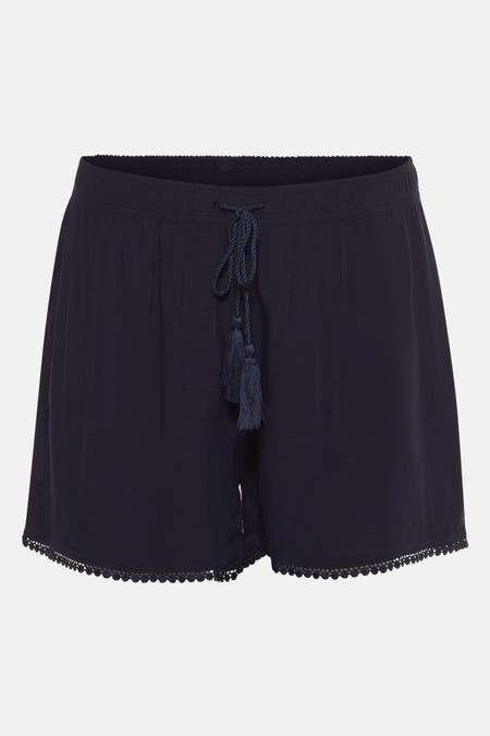 Blauwe short van HAILYS met trekkoord en pomponrand.
