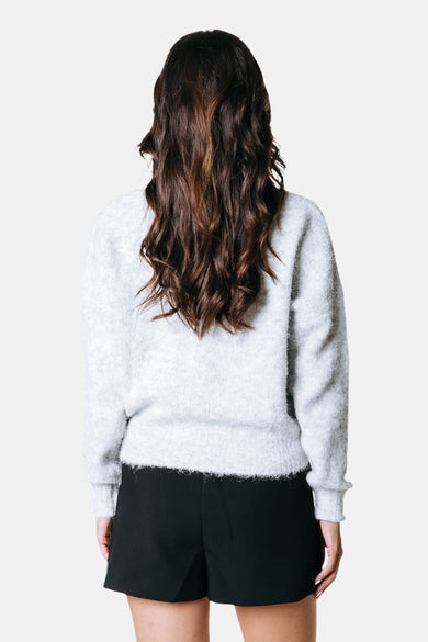 Sweat-shirt gris avec col rond de COLOURFUL REBEL, à longues manches, vu de derrière, associé à des short noirs.