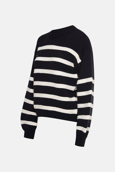 Pull noir avec col rond de HAILYS, avec des rayures horizontales blanches et des manches longues.