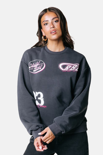 Grijze sweater van COLOURFUL REBEL, met kleurrijke logo's en print, ronde hals.