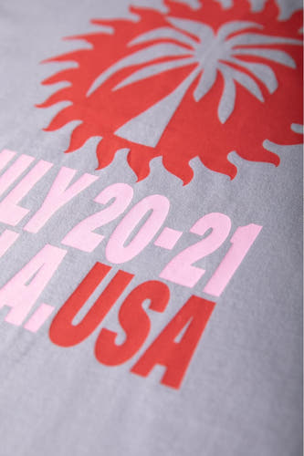 Grijs T-shirt met korte mouwen van COLOURFUL REBEL, met rode en roze opdruk van een palmboom en de tekst "JULY 20-21 USA".
