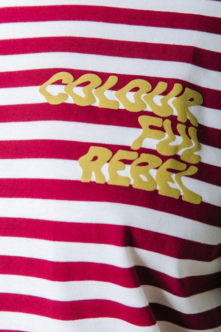 Rood-wit gestreept T-shirt van COLOURFUL REBEL met goudkleurig logo, close-up van voorkant