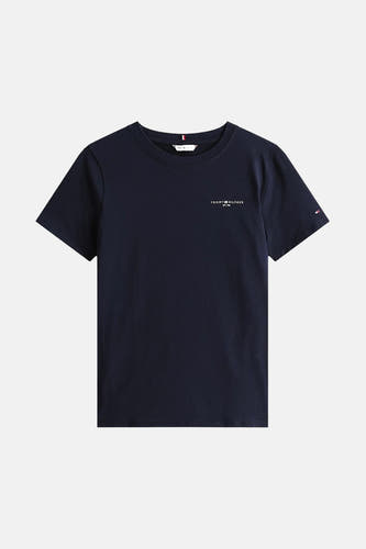 Blauw T-shirt met korte mouwen van TOMMY HILFIGER, met klein logo op de borst en een kleine vlag op de mouw.
