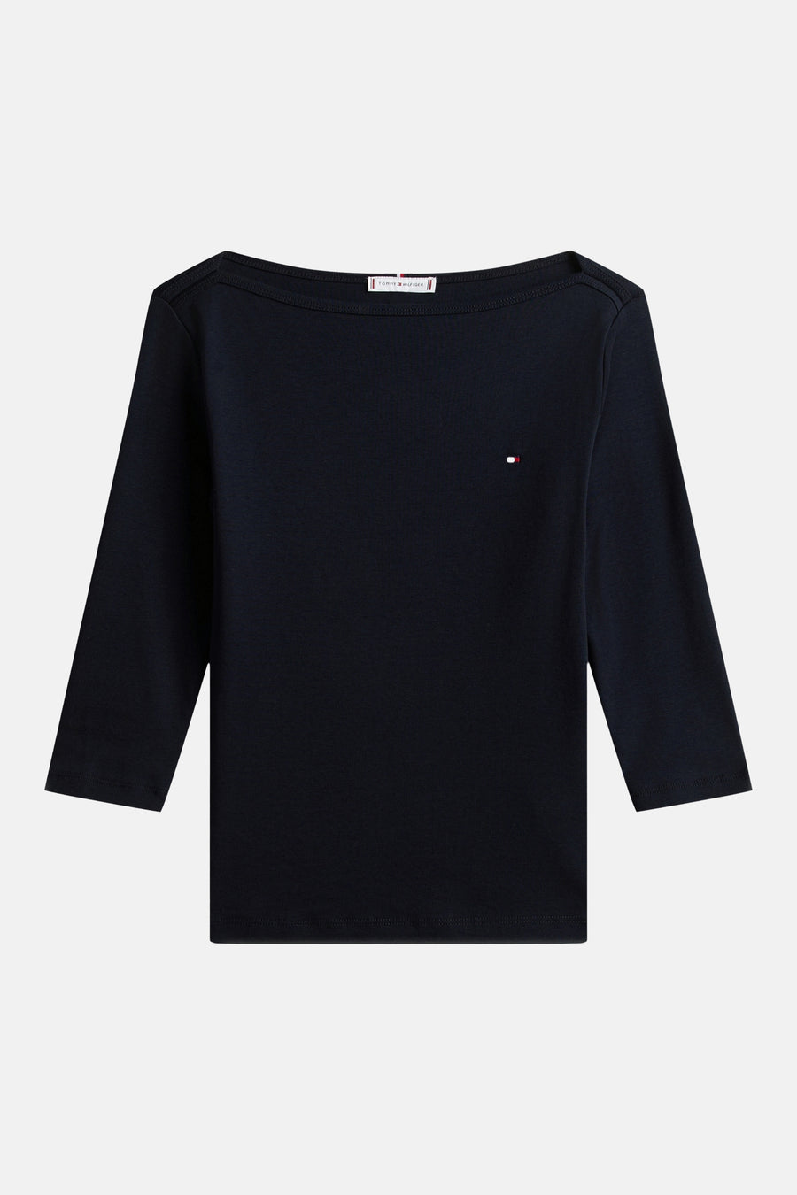 T-shirt à manches courtes bleu marine de TOMMY JEANS, avec encolure bateau et petit logo sur la poitrine.