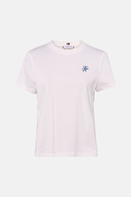 T-shirt blanc à manches courtes de TOMMY JEANS, avec un logo brodé sur la poitrine.