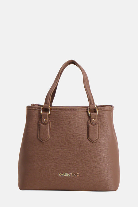 Bruine handtas van VALENTINO BAGS, met hengsels aan de bovenkant en gouden accenten.