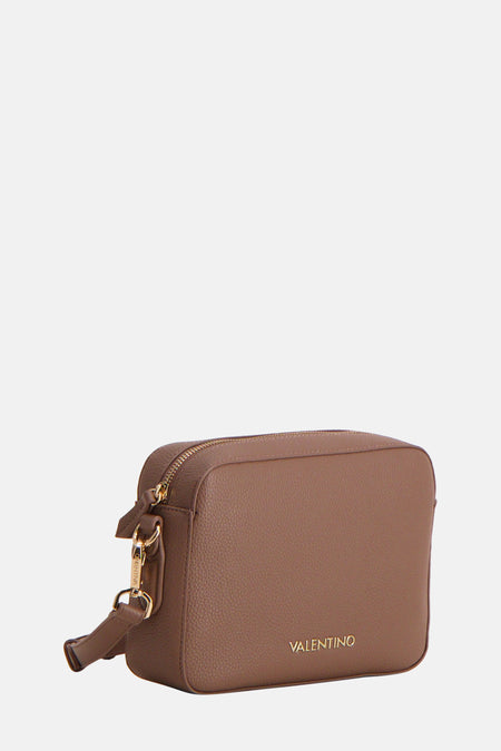 Bruine schoudertas van VALENTINO BAGS met gouden ritssluiting en merklogo op de voorkant.
