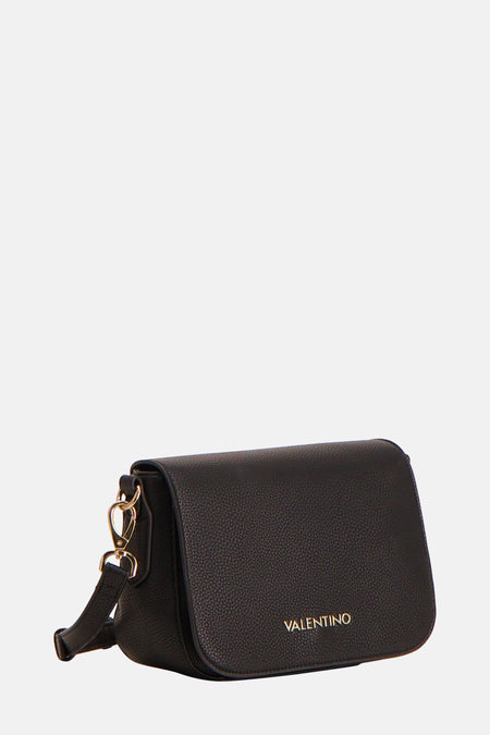 Sac à dos noir de VALENTINO BAGS, avec des détails dorés et une fine texture granuleuse.