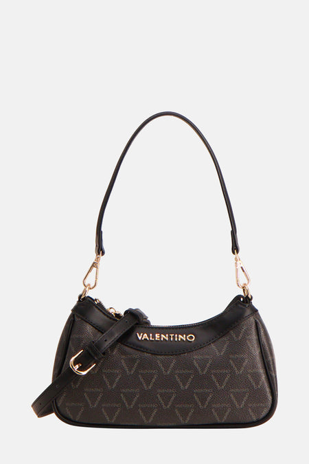 Zwarte schoudertas van Valentino Bags met een all-over logo patroon en gouden details.
