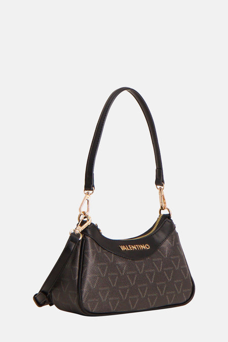 Zwarte schoudertas van VALENTINO BAGS, met een patroon van logo's en een gouden ritssluiting.
