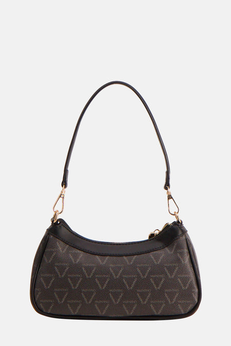 Sac à dos noir de VALENTINO BAGS avec une impression de logo intégrale et des détails dorés.
