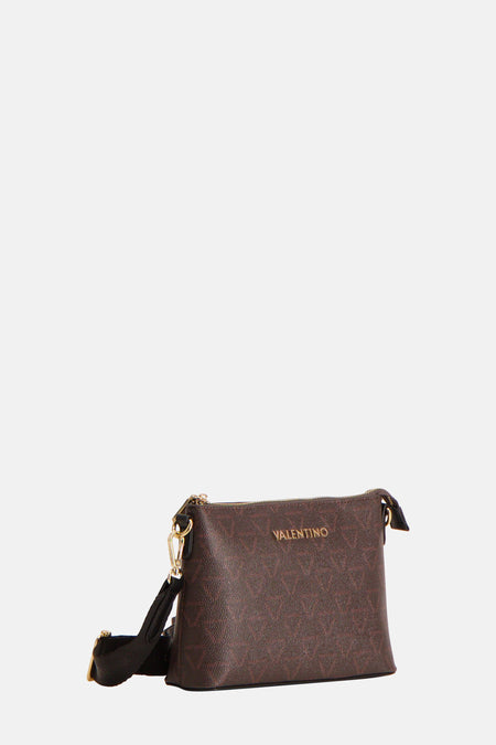 Bruine schoudertas van VALENTINO BAGS met een all-over logo print en een zwarte schouderband.
