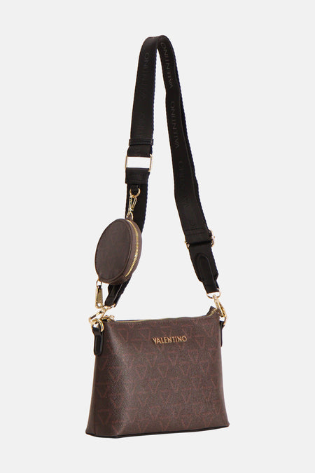 Bruine schoudertas van VALENTINO BAGS, met monogrampatroon en een afneembaar klein tasje aan de schouderband.

