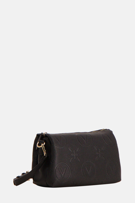 Zwarte schoudertas van VALENTINO BAGS, met een logo- en bloemenpatroon reliëf, en gouden details.
