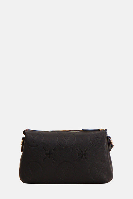 Zwarte schoudertas van VALENTINO BAGS, met logo- en bloempatroon in reliëf.
