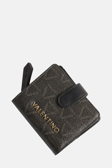 Portefeuille noir VALENTINO BAGS, avec imprimé logo partout et une fermeture éclair en cuir noir.