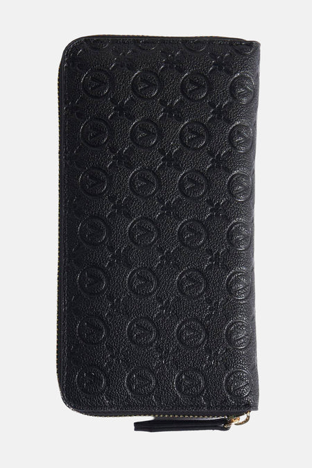 Portefeuille noir de VALENTINO BAGS, avec un motif de logos répétés et une fermeture éclair.