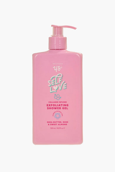 Roze exfoliërende douchegel van Yes Studio met de tekst 'Self Love' en een pompje.
