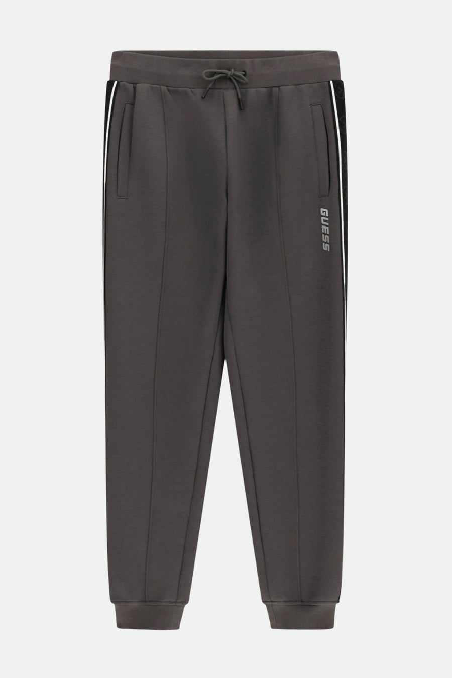 Jean de jogging gris Guess avec cordon à la taille et biais blanc sur le côté.