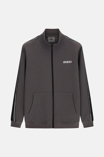Grijs gilet van Guess met witte bies op de mouwen en een ritssluiting.

