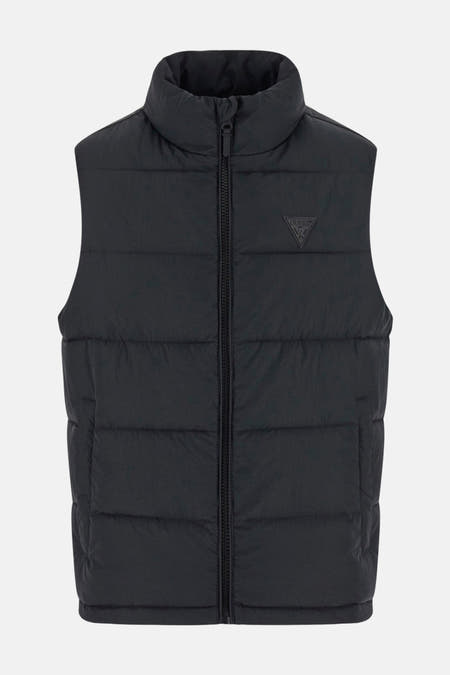 Zwarte bodywarmer van Guess met een opstaande kraag en rits aan de voorkant.