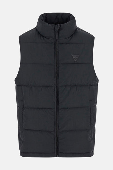 Zwarte bodywarmer van Guess met een opstaande kraag en rits aan de voorkant.