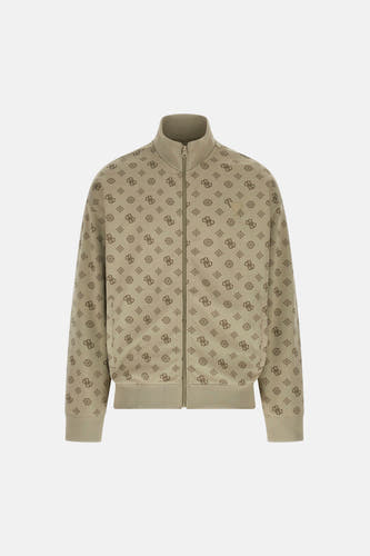 Beige vest van Guess met een all-over monogramprint en een opstaande kraag.