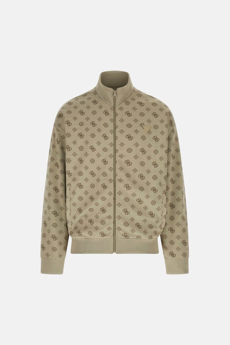 Beige vest van Guess met een all-over monogramprint en een opstaande kraag.