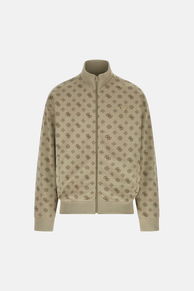 Beige vest van Guess met een all-over monogramprint en een opstaande kraag.