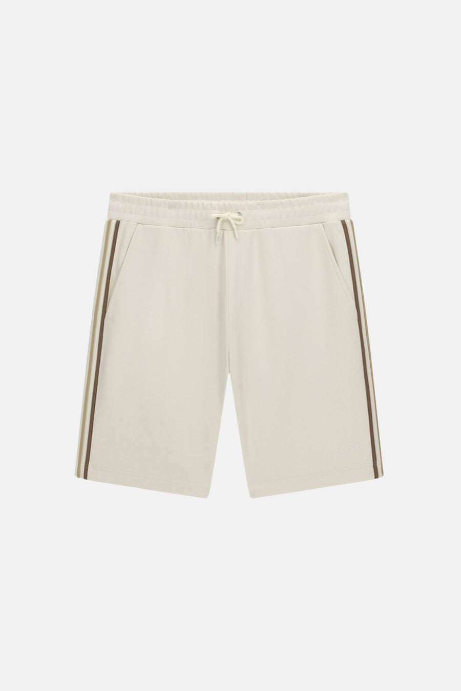 Witte korte broek van Guess® met elastische tailleband en donkere strepen aan de zijkant, front view
