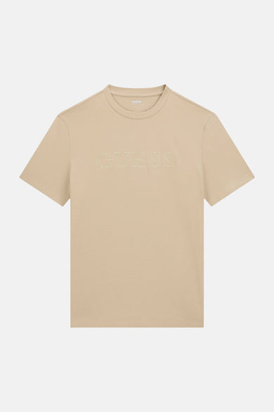 Beige korte mouw T-shirt van Guess met geborduurd logo op borst, ronde hals, front view