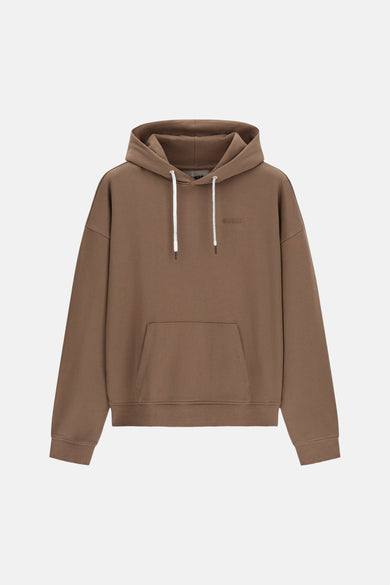 Bruine hoodie met capuchon van Guess®, witte trekkoorden en voorzak, front view